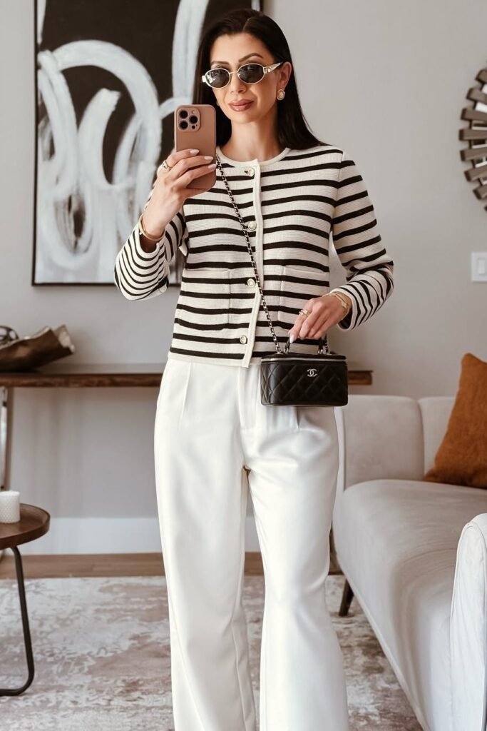 Black and White Striped Lady Jacket + White High-Waisted Wide-Leg Trousers + Black Quilted Mini Bag