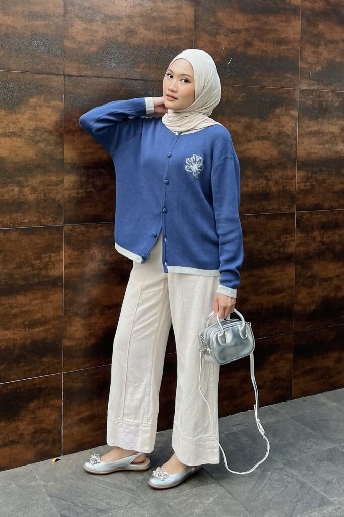 Blue Button-Up Cardigan + Cream Wide-Leg Trousers + Silver Embellished Flats