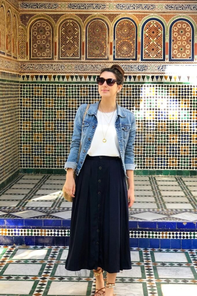 Blue Denim Jacket + White Lace-Trim Top + Navy Button-Front Maxi Skirt + Tan Strappy Sandals