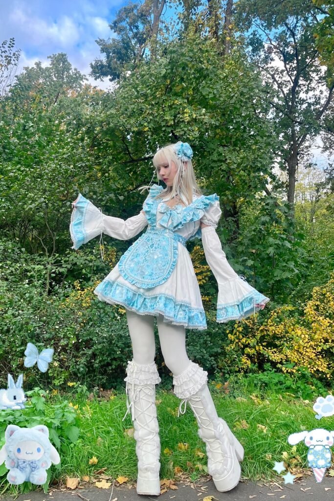 Blue Floral Frilly Dress + White Bell-Sleeve Top + White Ruffled Platform Boots