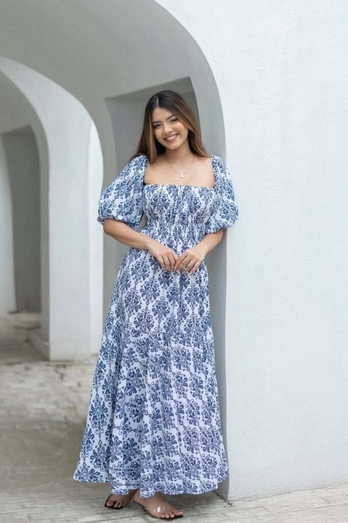Blue Floral Maxi Dress + Clear Heeled Sandals