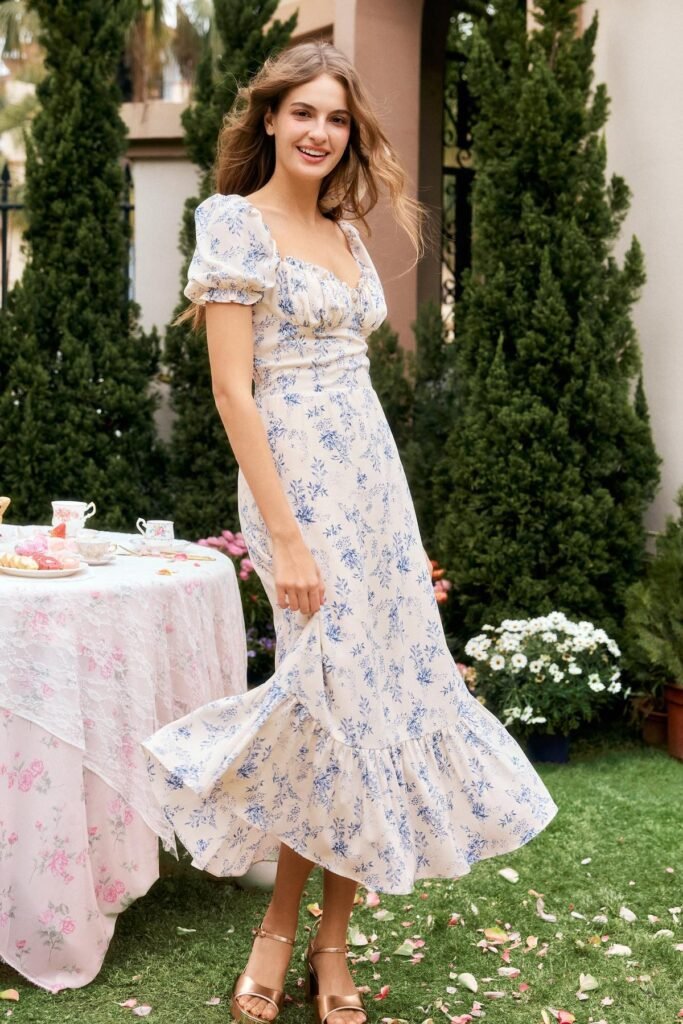 Blue Floral Puff-Sleeve Midi Dress + Gold Platform Sandals