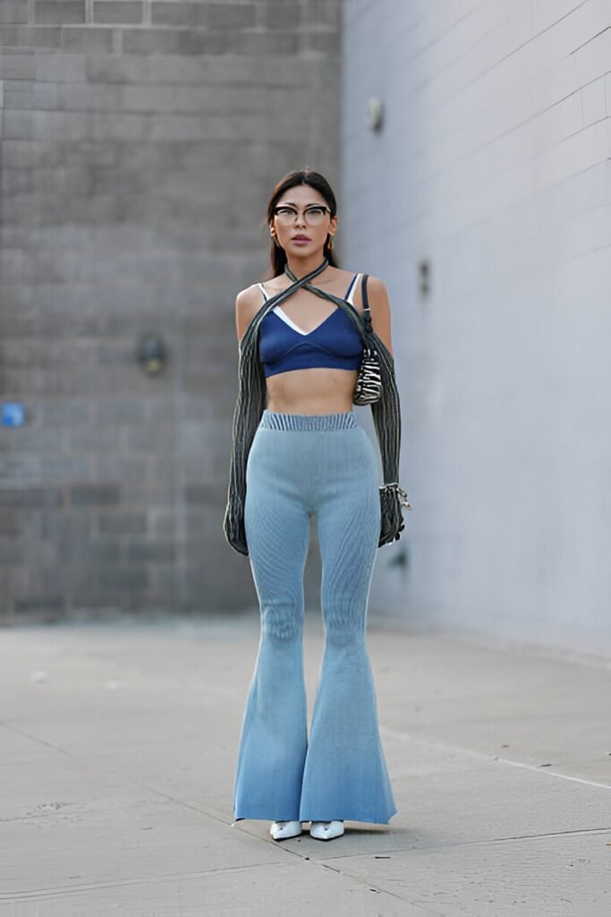 Blue Halter Crop Top & Sheer Bolero + Light Blue Ribbed Flared Trousers + White Pointed Shoes
