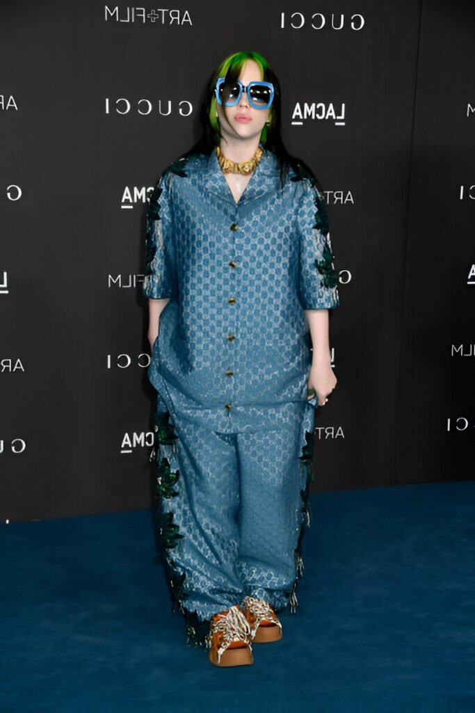 Blue Monogram Short-Sleeve Silk Shirt + Matching Wide-Leg Pants + Blue Oversized Sunglasses