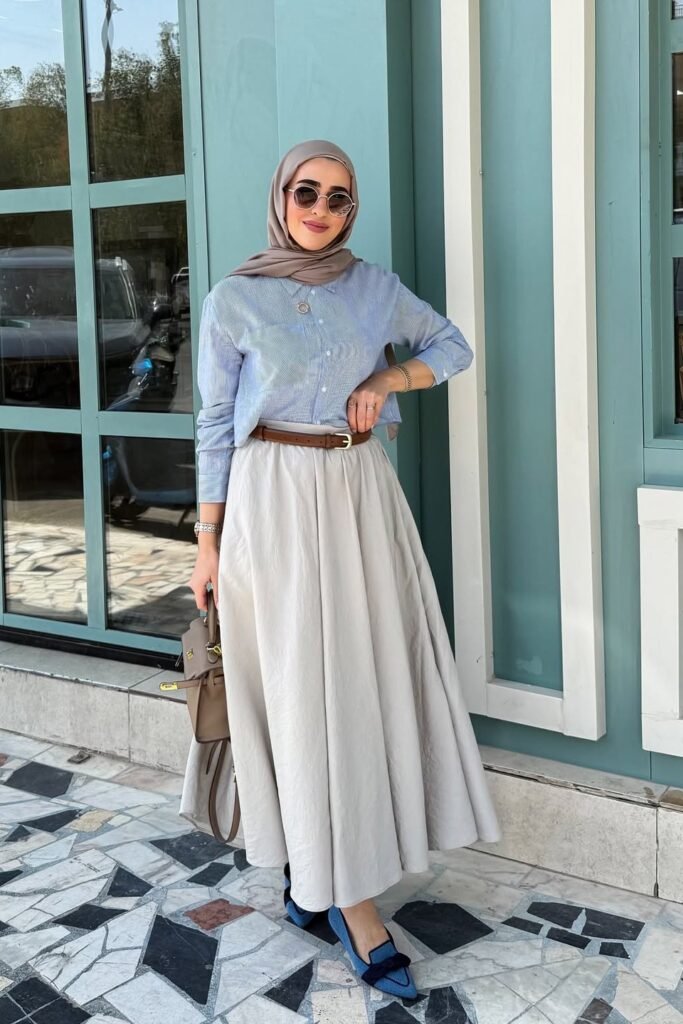 Blue Pinstripe Shirt + Grey Maxi Skirt + Blue Suede Loafers