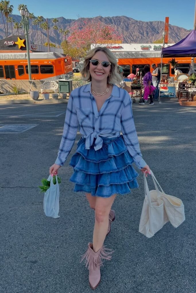 Blue Plaid Button-Down Shirt + Tiered Denim Mini Skirt + Pink Fringed Ankle Boots
