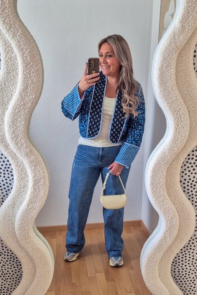 Blue Printed Quilted Jacket + White Tank Top + Blue Wide-Leg Jeans + Blue and Grey Sneakers
