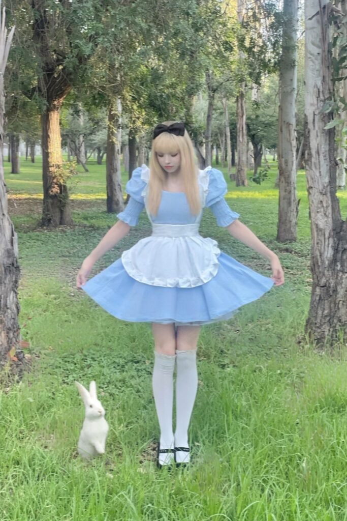 Blue Puff-Sleeve Alice Dress + White Ruffle Apron + White Lace-Trim Thigh-High Socks + Black Mary Jane Shoes
