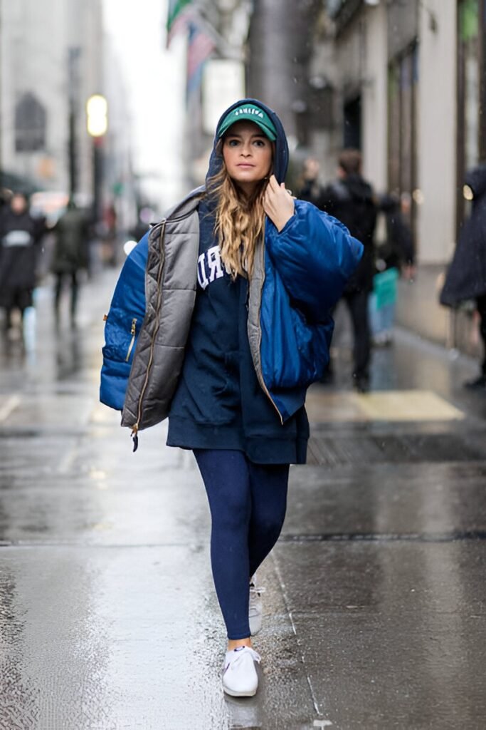 Blue Puffer Jacket + Navy Oversized Hoodie + Navy Leggings + White Sneakers