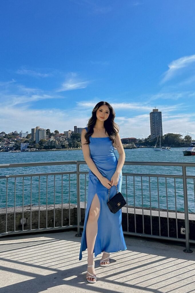 Blue Satin Side-Slit Midi Dress + White Strappy Sandals + Black Quilted Handbag