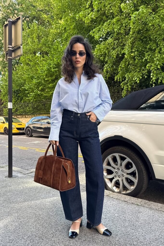 Blue Striped Button-Down Shirt + Dark-Wash Wide-Leg Jeans + Two-Tone Cap-Toe Slings