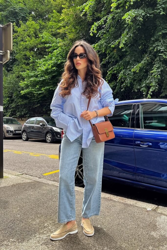 Blue Striped Button-Down Shirt + Light-Wash Wide-Leg Jeans + Tan Suede Loafers