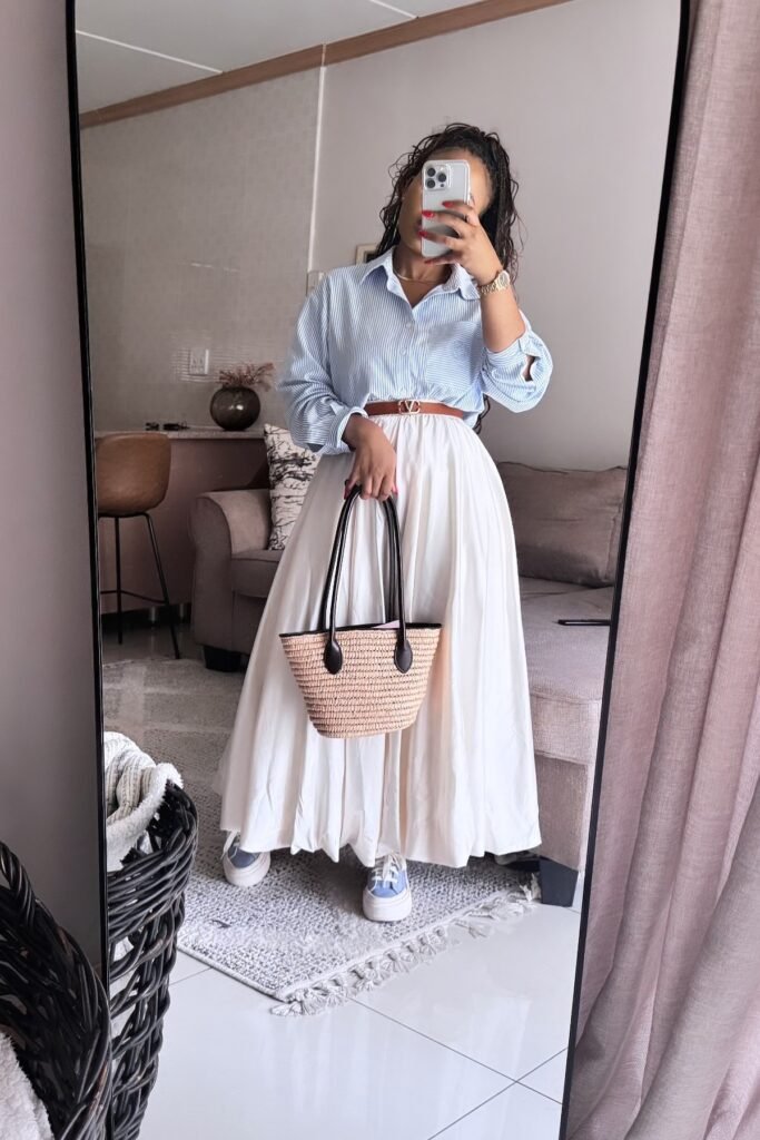 Blue Striped Button-Down Shirt + White Pleated Maxi Skirt + Light Blue Platform Sneakers