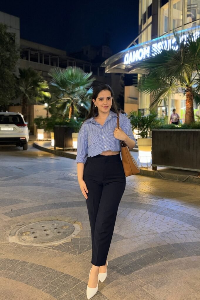 Blue Striped Cropped Shirt + Black High-Waisted Trousers + White Pointed Pumps