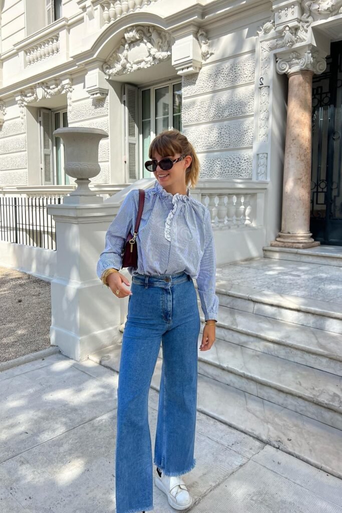 Blue Striped Ruffle Blouse + Wide-Leg Blue Jeans + White Platform Sneakers