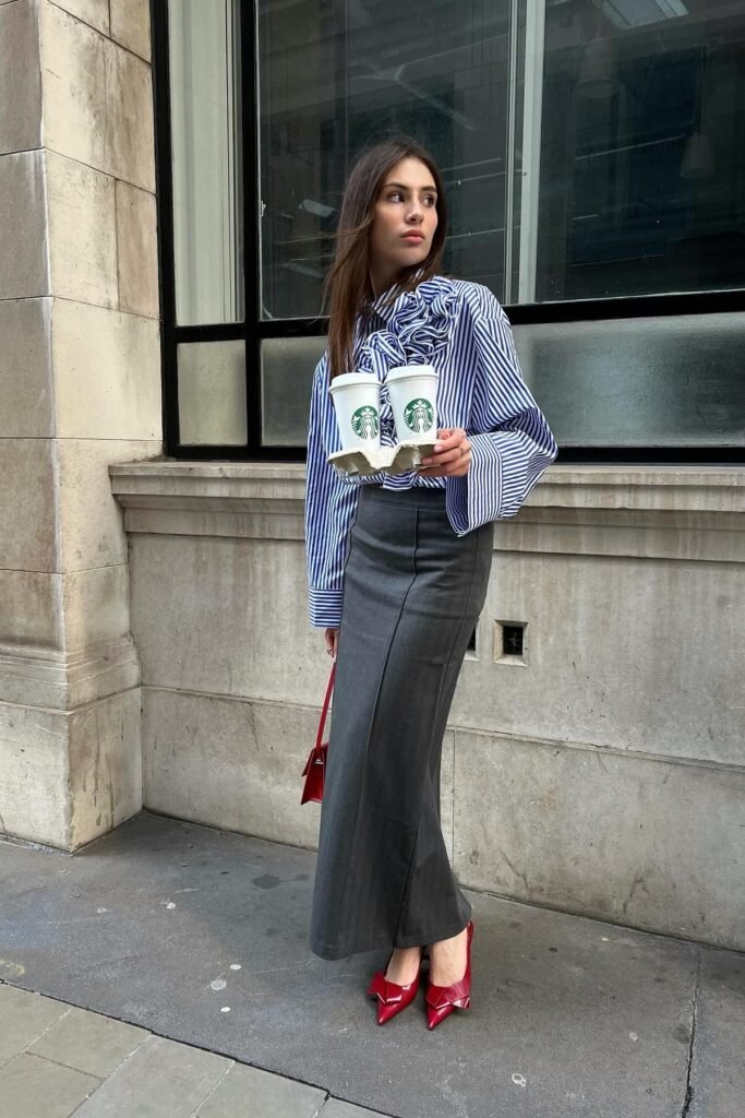 Blue Striped Ruffled Blouse + Charcoal Grey Maxi Skirt + Red Bow Pointed Heels