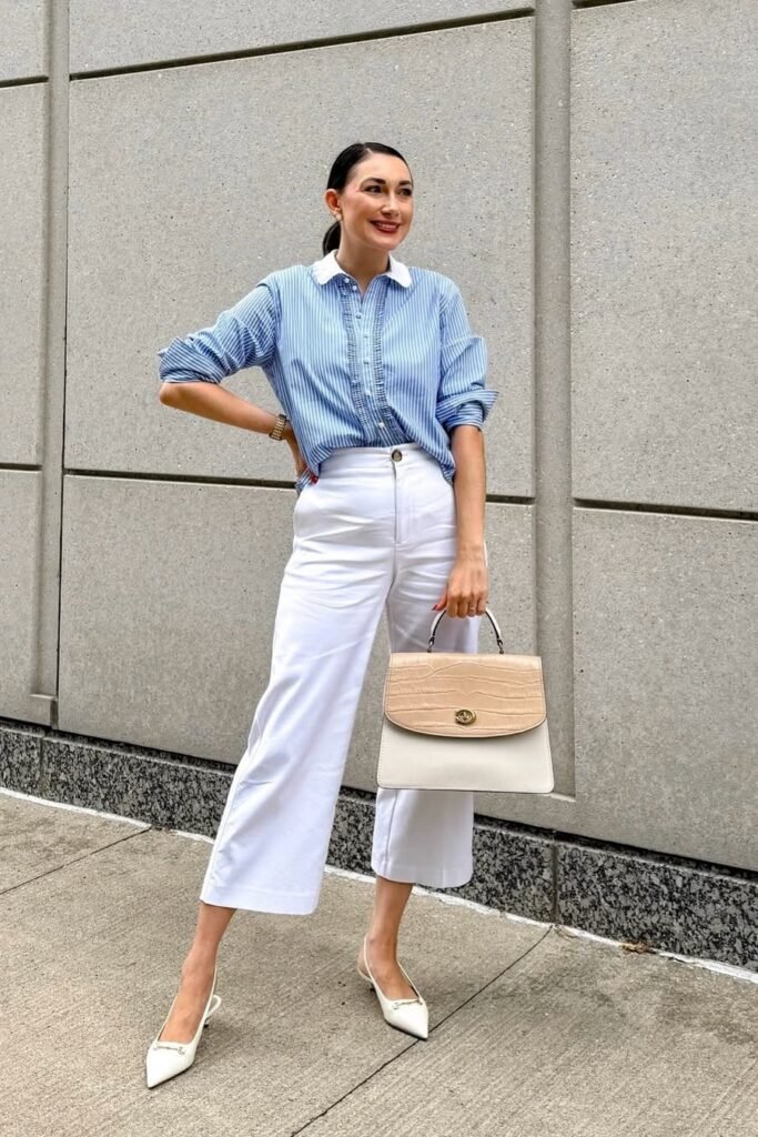 Blue Striped Shirt with White Collar + White Wide-Leg Cropped Trousers + White Pointed-Toe Slingback Heels
