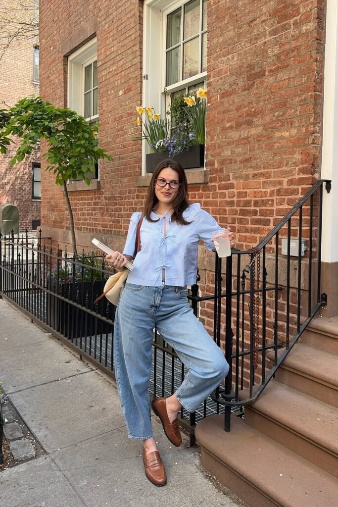 Blue Striped Tie-Front Blouse + Baggy Light Wash Jeans + Brown Leather Loafers