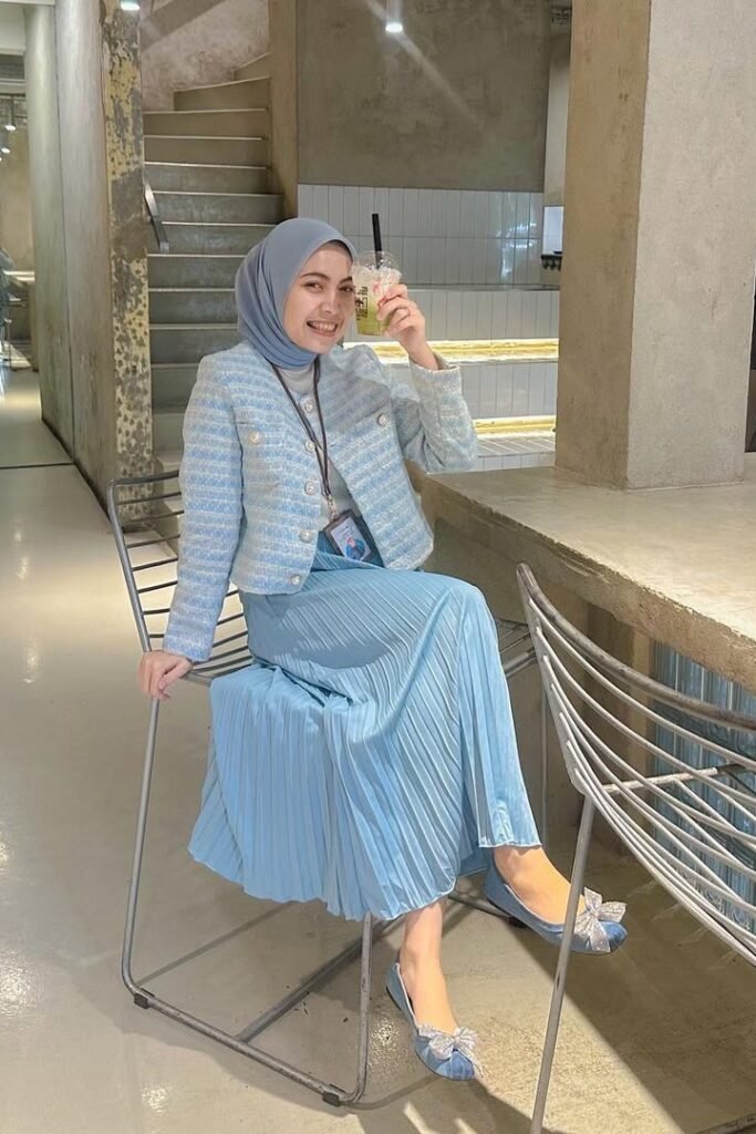 Blue Striped Tweed Jacket + Light Blue Pleated Skirt + Blue Bow Flats