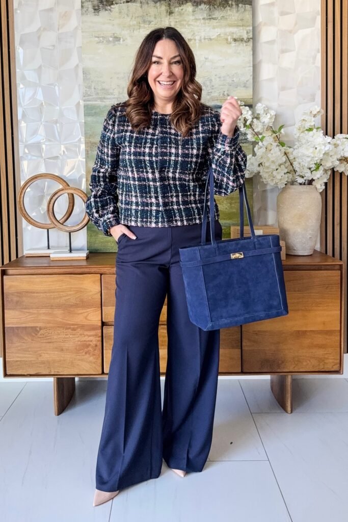 Blue and Pink Tweed Jacket + Navy Blue Wide-Leg Trousers + Nude Pointed-Toe Heels