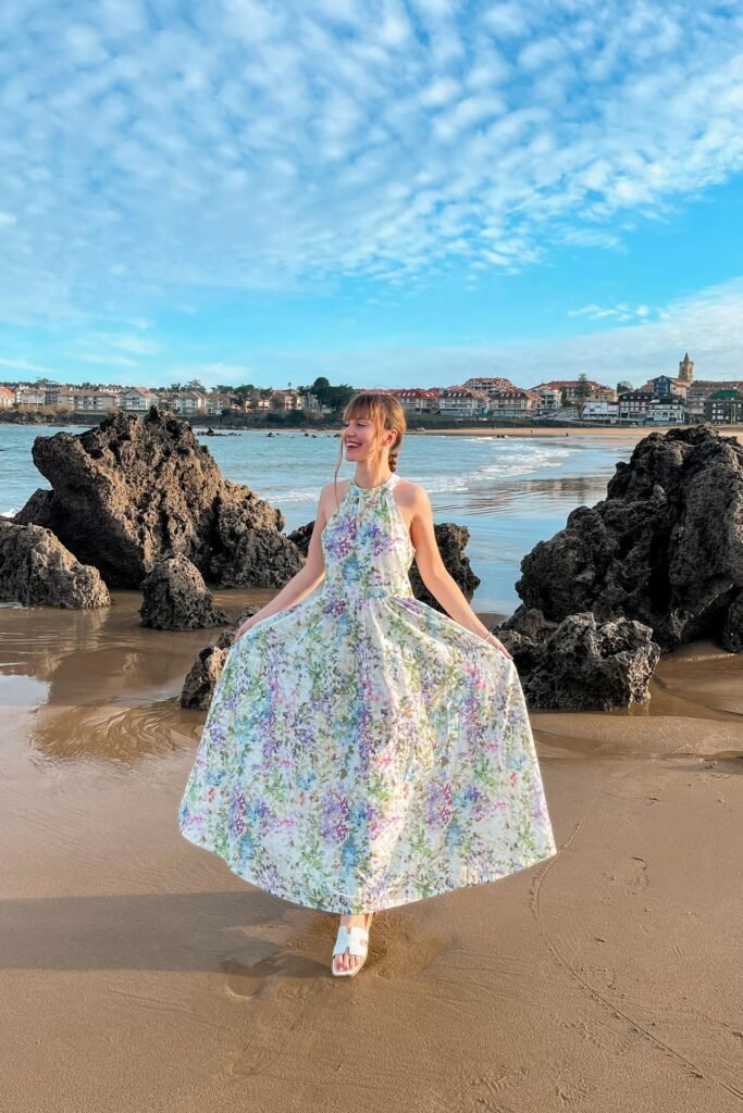 Blue and Purple Floral Halter Maxi Dress + White Cut-out Slides