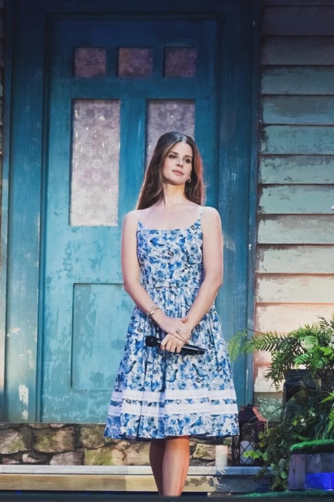 Blue and White Floral A-Line Dress + Gold Bracelet + Gold Hoop Earrings