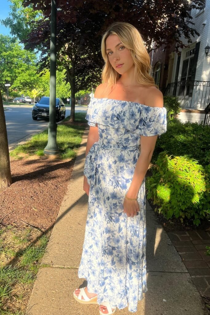 Blue and White Floral Off-The-Shoulder Maxi Dress + White Platform Sandals