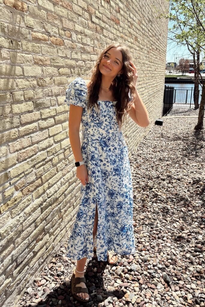 Blue and White Floral Puff-Sleeve Maxi Dress + Brown Two-Strap Sandals