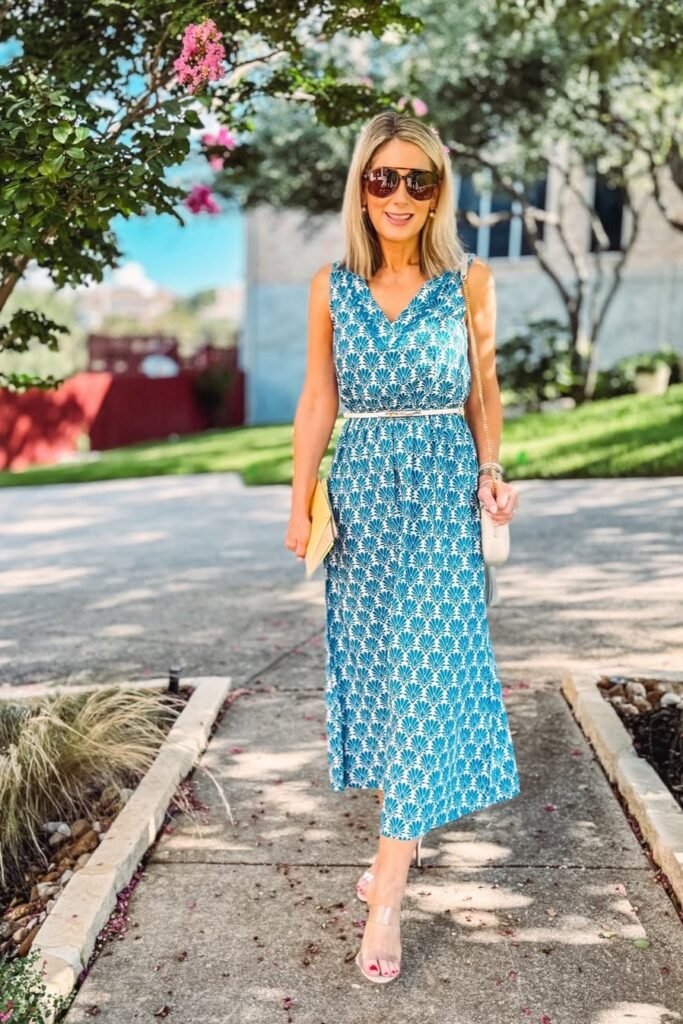 Blue and White Geometric Print Midi Dress + Thin White Belt + Clear Block Heel Sandals