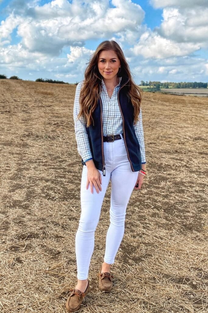 Blue and White Gingham Shirt + Navy Fleece Gilet + White Skinny Jeans + Brown Leather Loafers