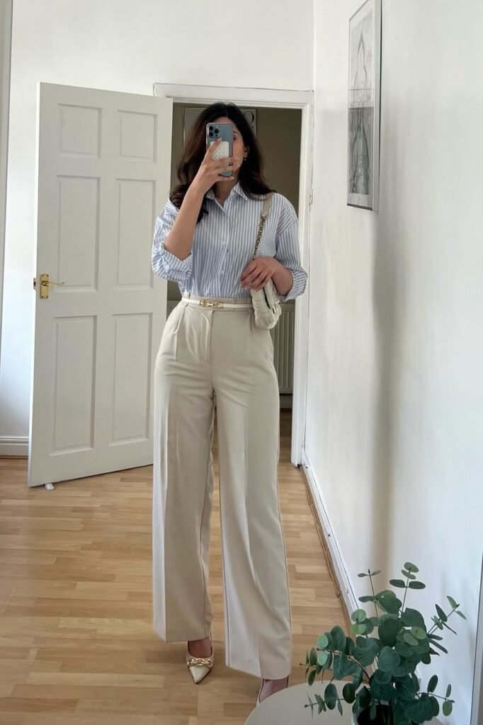 Blue and White Striped Button-Down + Beige Wide-Leg Trousers + White Chain-Link Mules