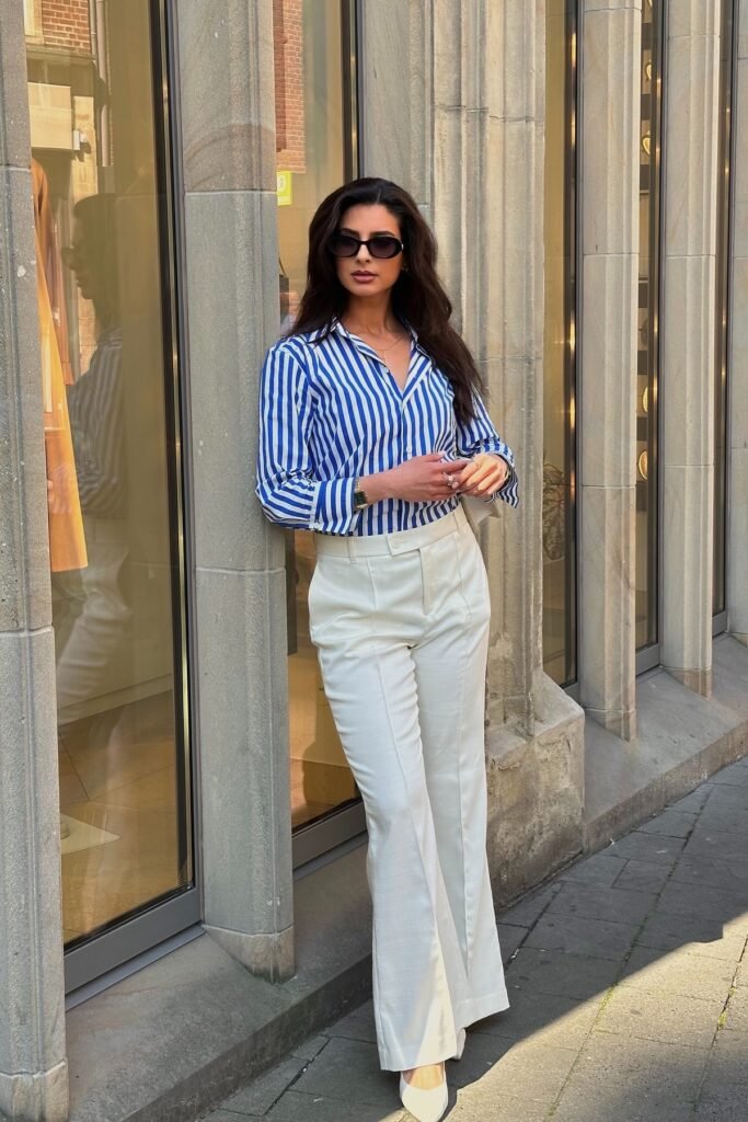 Blue and White Striped Button-Down Shirt + White High-Waisted Wide-Leg Trousers + White Pointed-Toe Heels