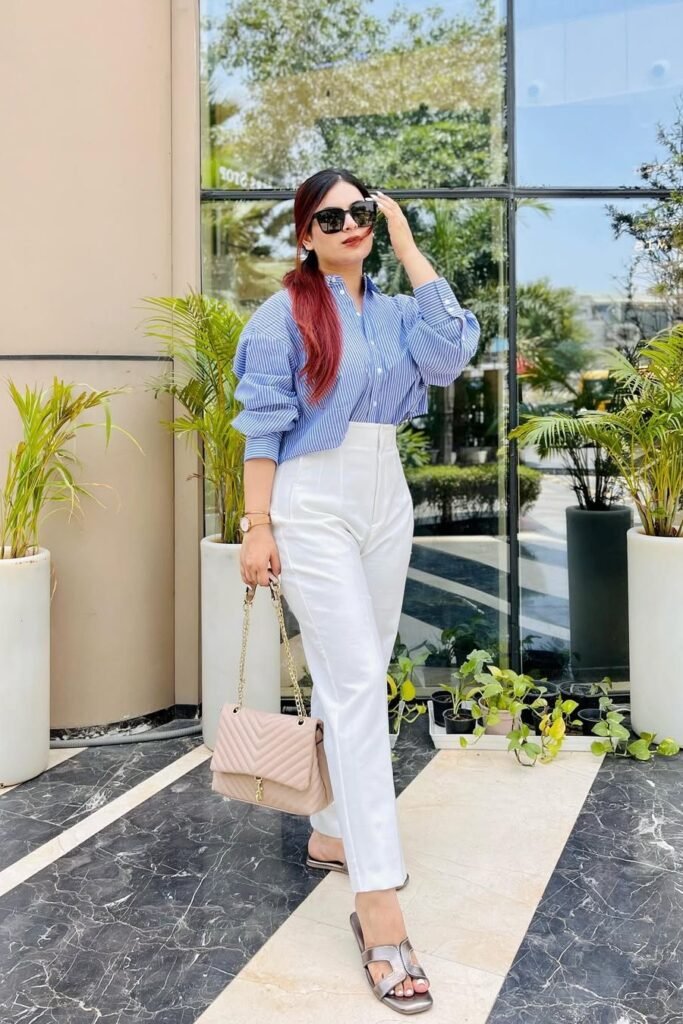 Blue and White Striped Oversized Shirt + High-Waisted White Trousers + Silver Slide Sandals