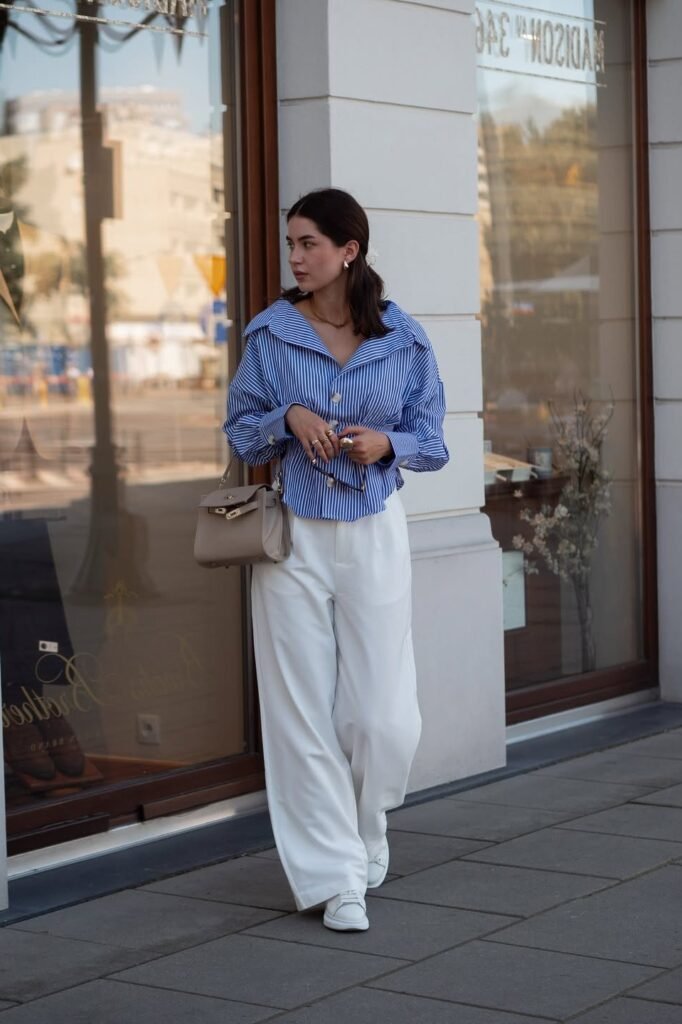 Blue and White Striped Oversized Shirt + White Wide-Leg Trousers + White Platform Sneakers