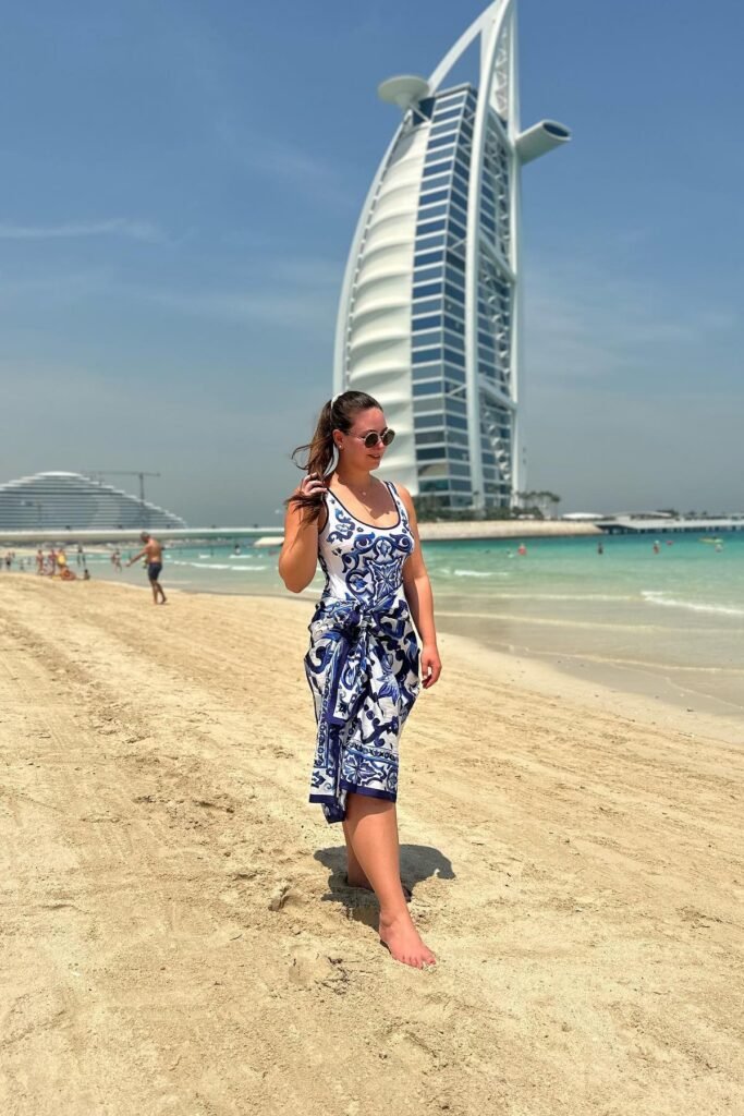 Blue and White Tile Print One-Piece Swimsuit + Matching Sarong + Round Sunglasses
