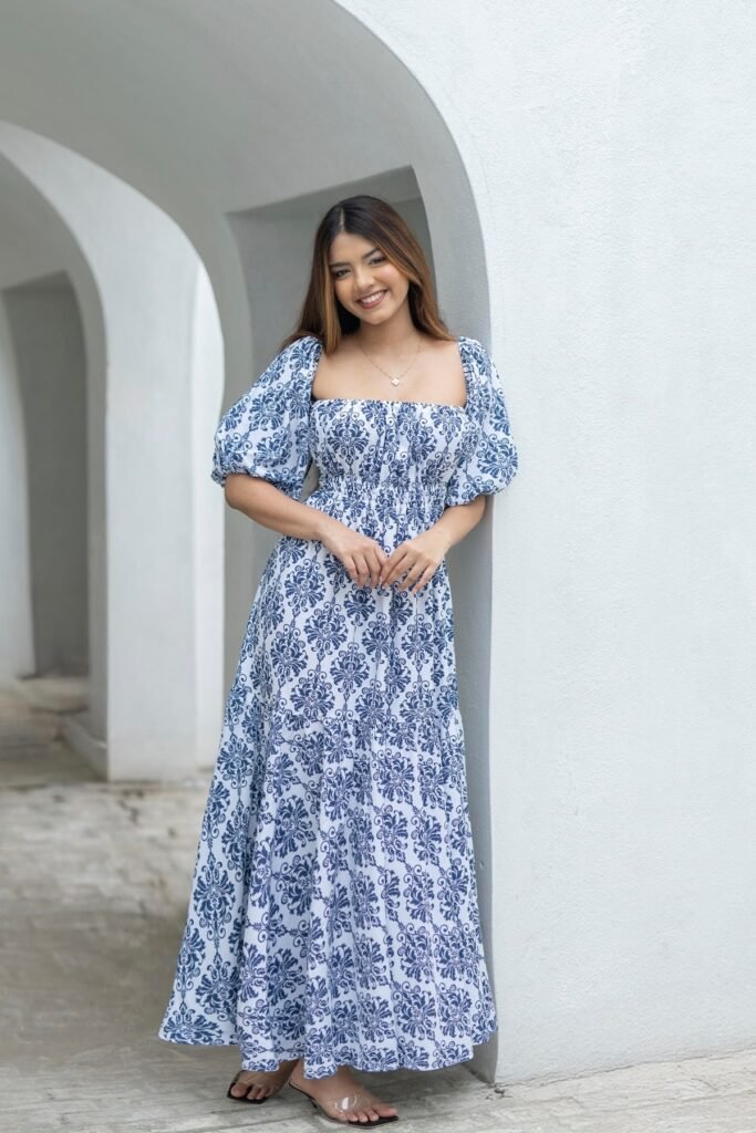 Blue and White Toile Print Maxi Dress + Clear Strap Sandals