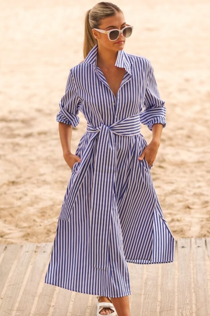 Blue and White Vertical Striped Shirtdress + White Platform Sandals + White Oversized Sunglasses
