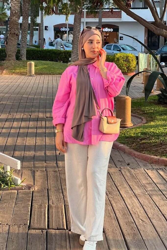 Bright Pink Oversized Shirt + Beige Straight-Leg Trousers + White Sneakers