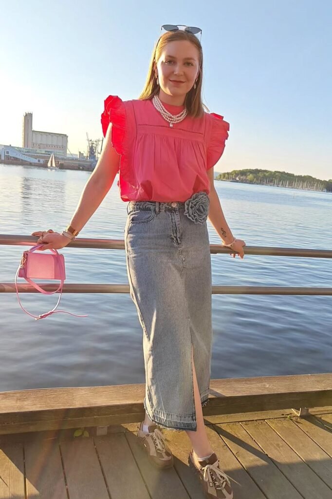 Bright Pink Ruffled Blouse + Long Denim Skirt + Brown Sneakers