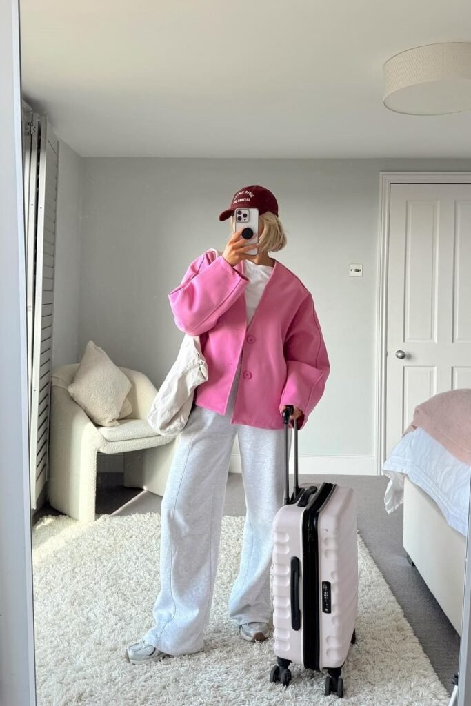 Bright Pink V-Neck Cardigan + White T-Shirt + Light Grey Wide-Leg Sweatpants + Silver Sneakers + Burgundy Cap