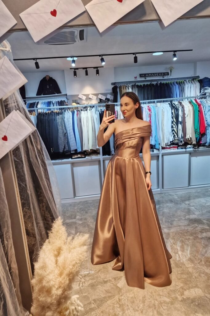 Bronze Satin One-Shoulder Gown + Pleated Bodice + Flared Floor-Length Skirt