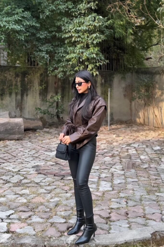 Brown Belted Leather Jacket + Black Turtleneck + Black Leather Skinny Pants + Black Stiletto Ankle Boots