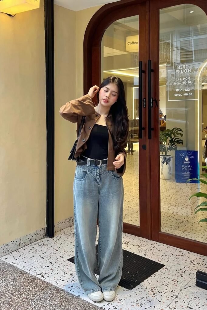 Brown Button-Up Jacket + Black Bodysuit + Light Wash Baggy Jeans + White Sneakers