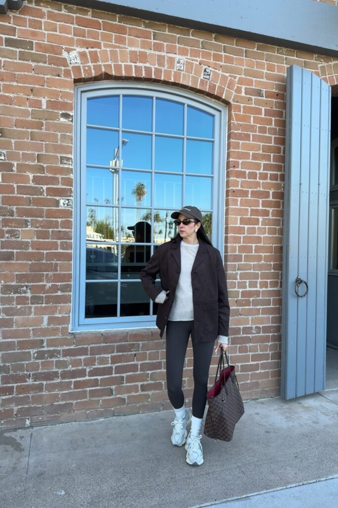 Brown Button-Up Jacket + Grey Sweater + Dark Grey Leggings + White Sneakers