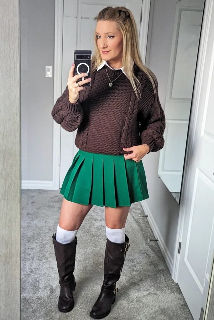 Brown Cable-Knit Sweater + Green Pleated Mini Skirt + Knee-High Brown Boots