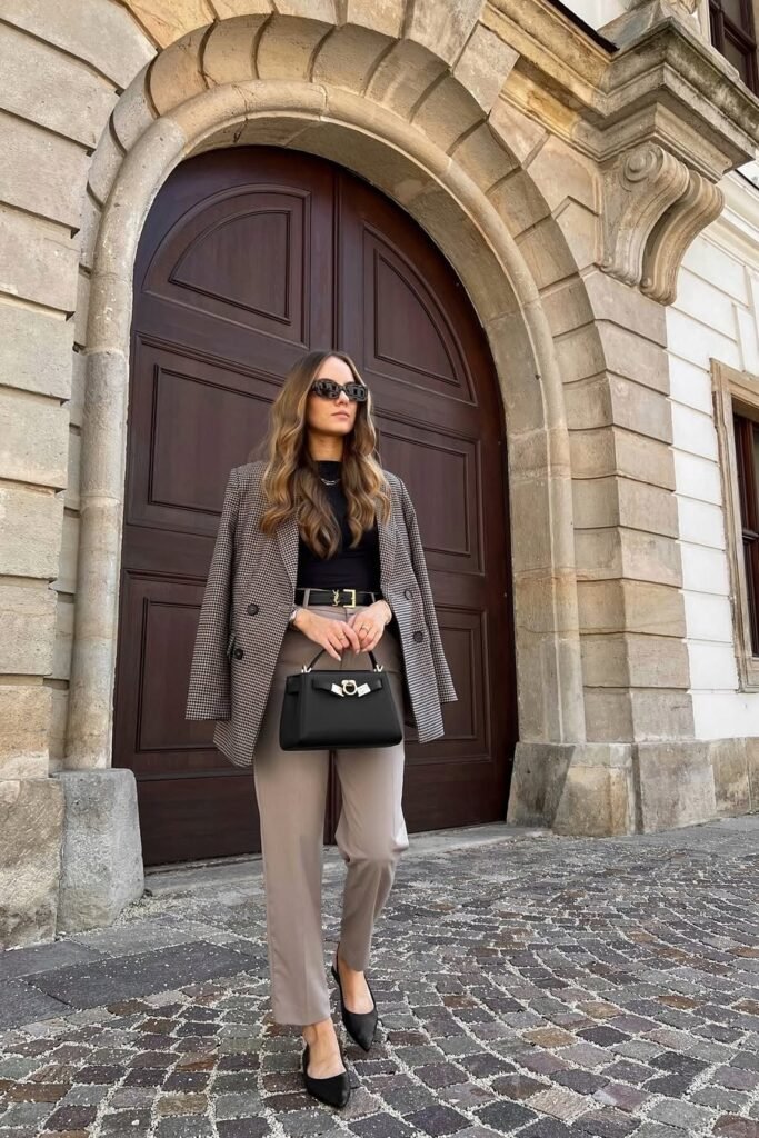 Brown Checked Blazer + Black Mock-Neck Top + Taupe Slim Trousers + Black Pointed Flats