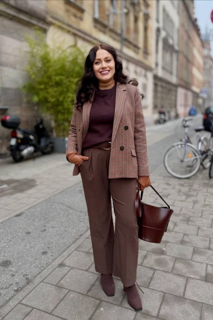 Brown Checkered Blazer + Dark Chocolate Knit Sweater + Brown Trousers + Dark Brown Boots