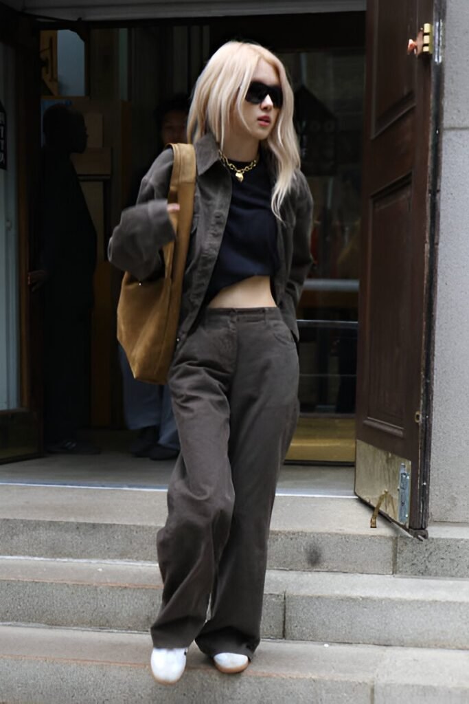 Brown Corduroy Jacket + Black Crop Top + Brown Corduroy Trousers + White Sneakers
