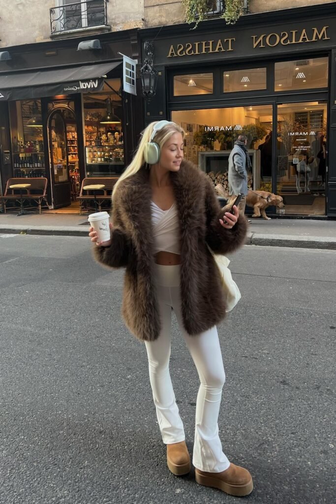 Brown Faux Fur Coat + White Wrap Top + White Flared Trousers + Tan Platform Boots
