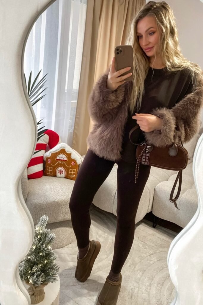 Brown Faux Fur Jacket + Dark Brown Ribbed Leggings + Brown Platform Mules